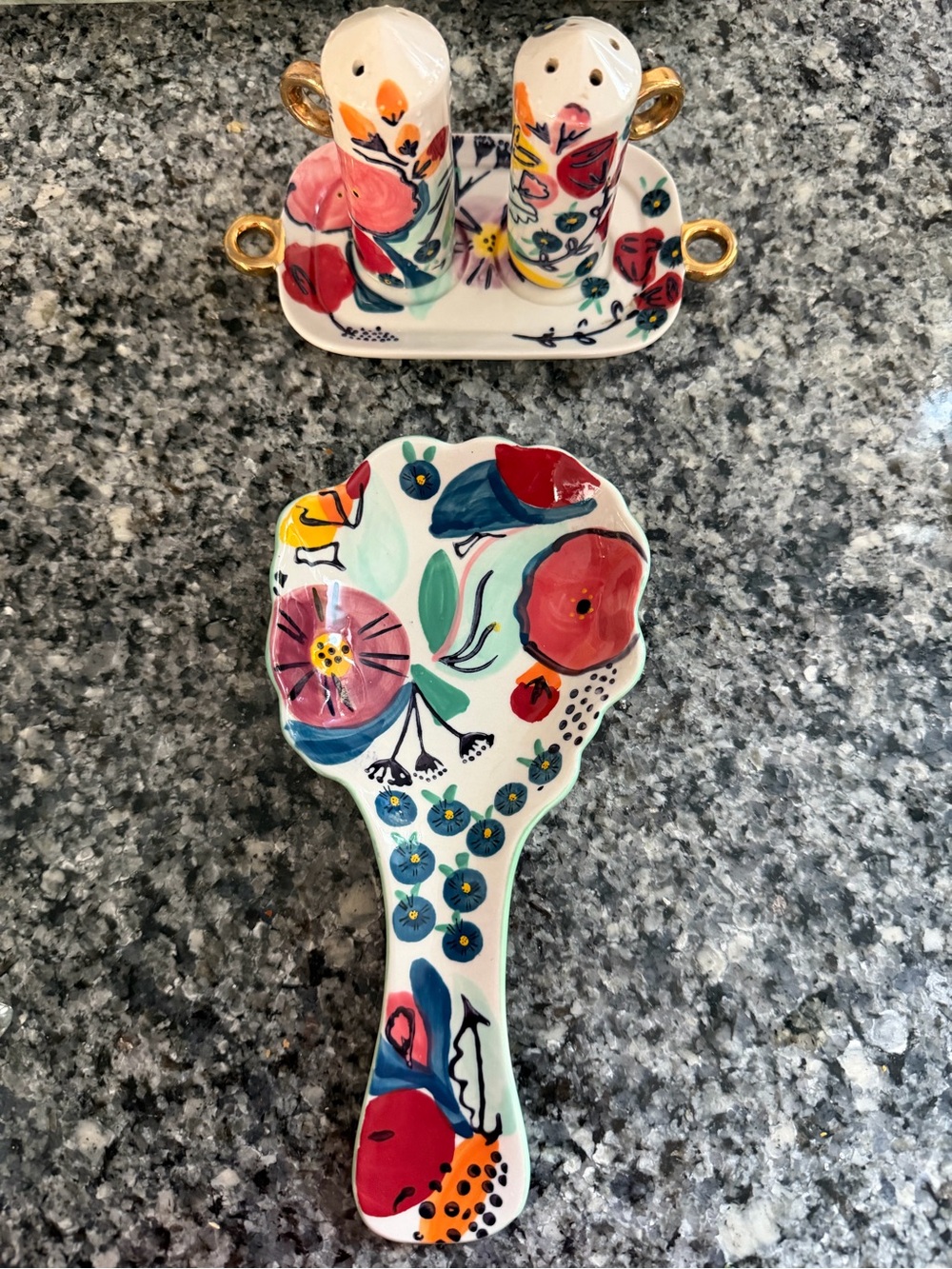 Anthropologie Floral Ceramic Spoon Rest and Salt & Pepper Set - Multicolor